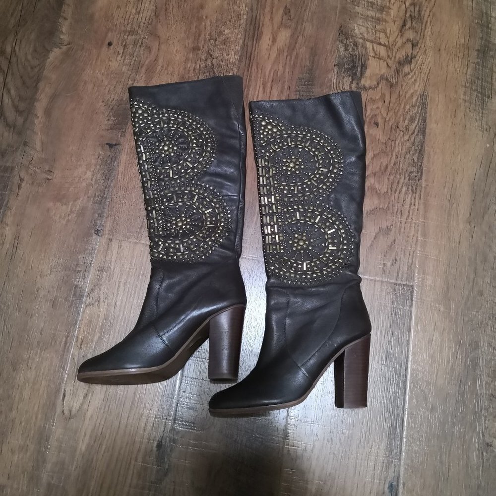 Jeffrey Campbell Black Knee-High Heeled Boots with Gold Stud Detail